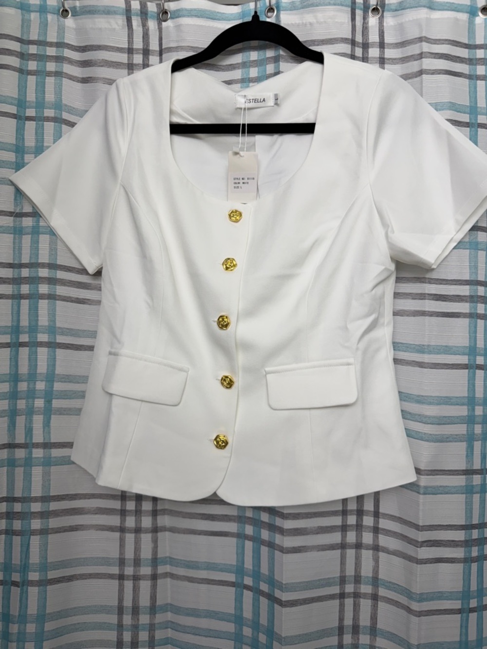 Stellah White Short-Sleeve Blazer with Gold Buttons